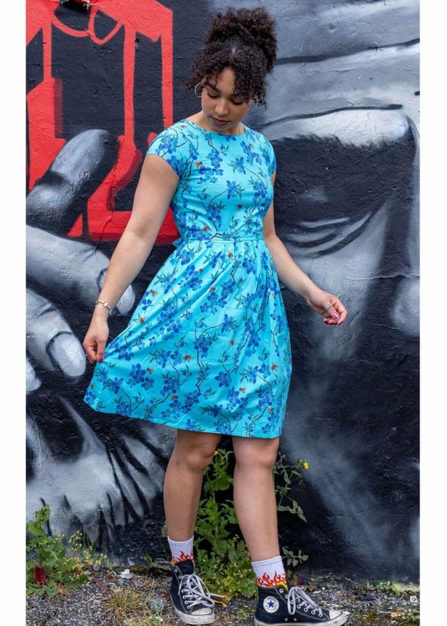 Dresses * | Run & Fly Cherry Blossom 50'S Swing Dress Blue