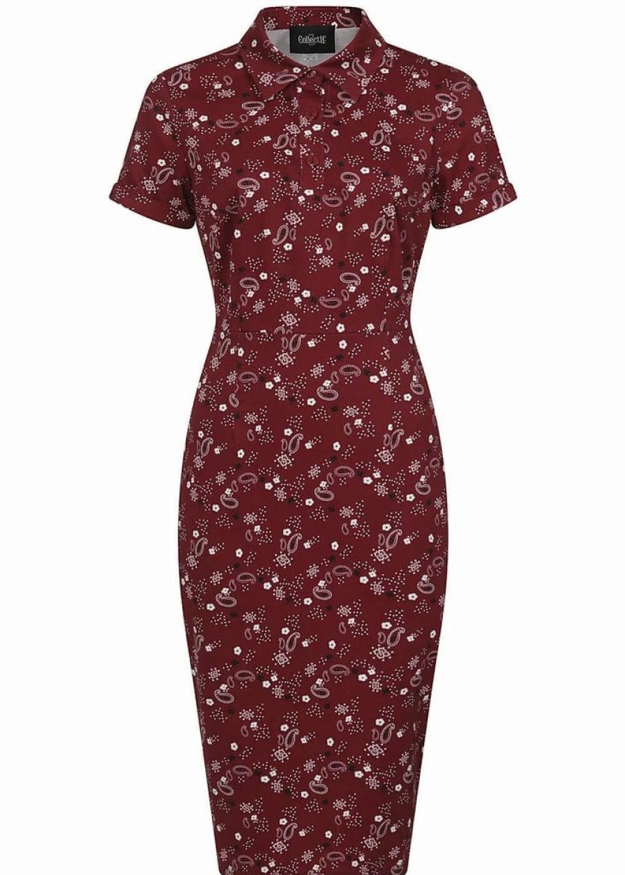 Dresses * | Collectif Mirtilla Bandana 40'S Pencil Dress Burgundy