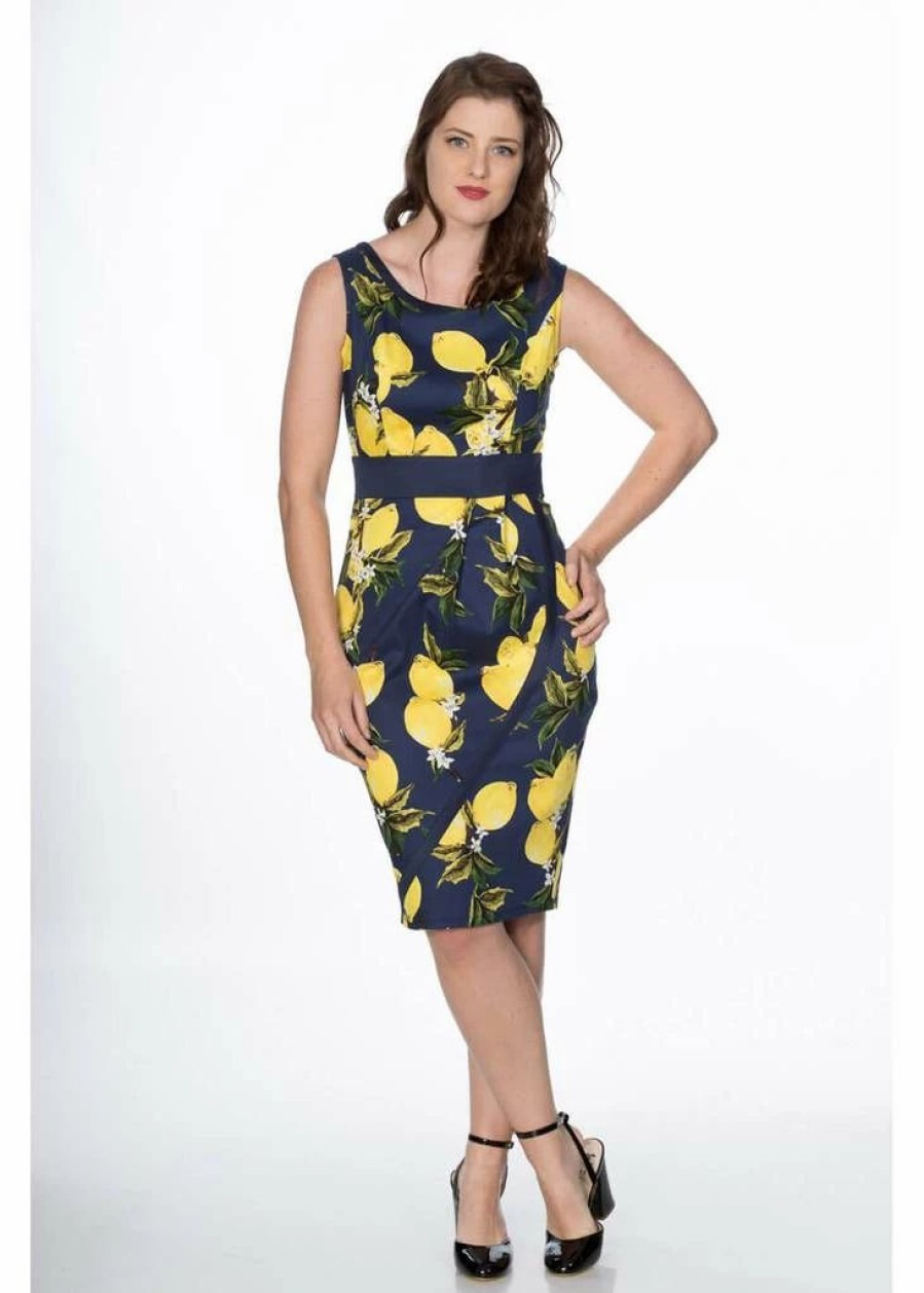 Dresses * | Banned Lemon 50'S Pencil Dress Navy