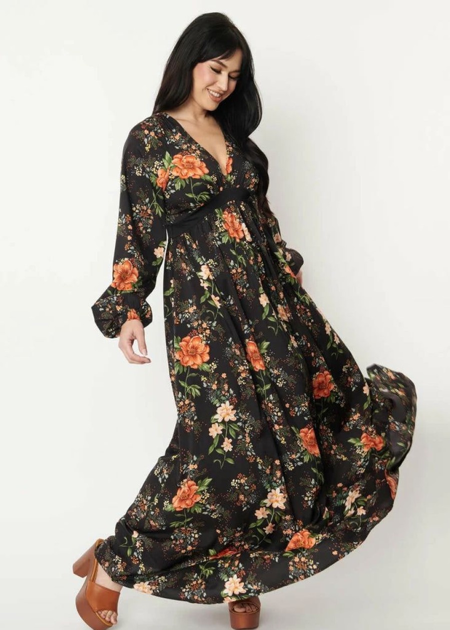 Dresses * | Unique Vintage Buttercup Floral 70'S Maxi Dress Black Pink