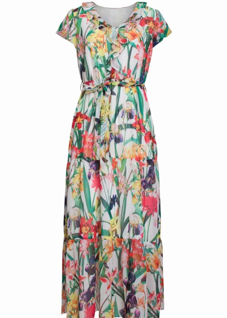 Dresses * | Smashed Lemon Tropical Flowers 70'S Maxi Dress White