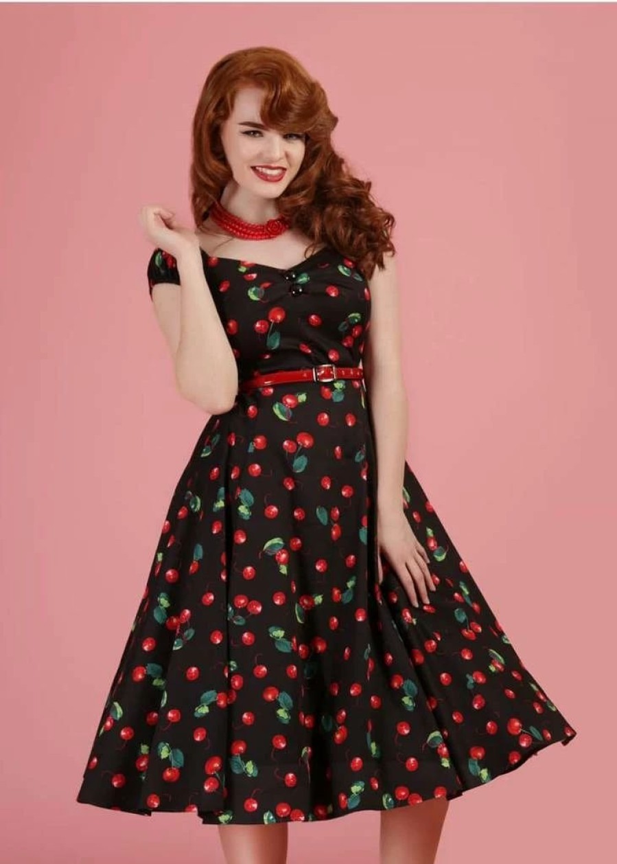 Dresses * | Collectif Dolores 50'S Cherry 50'S Swing Dress Black