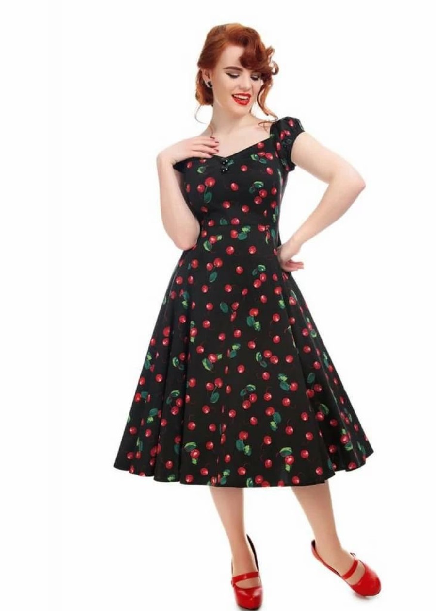 Dresses * | Collectif Dolores 50'S Cherry 50'S Swing Dress Black