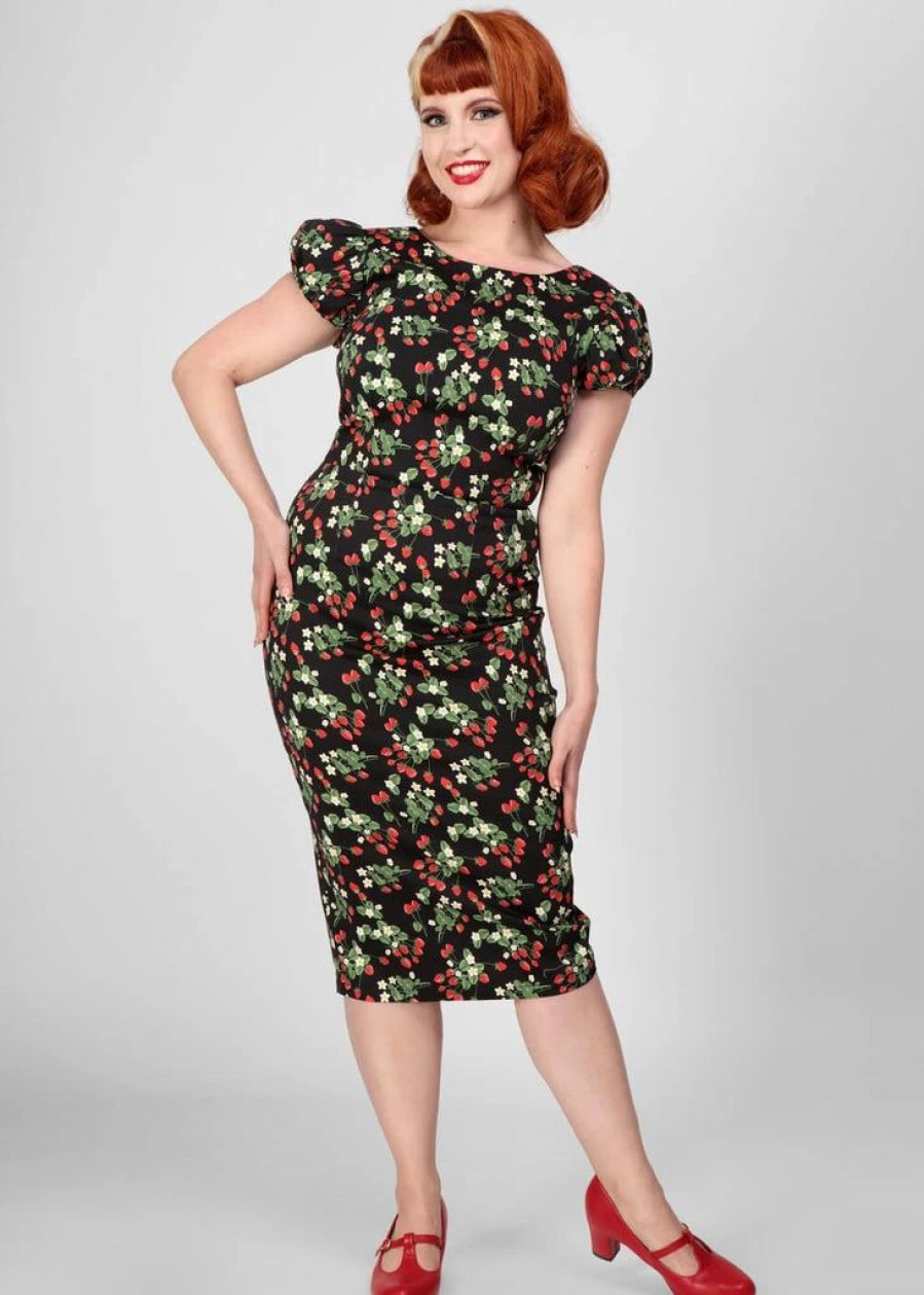 Dresses * | Collectif Demira Wild Strawberries 50'S Pencil Dress Black