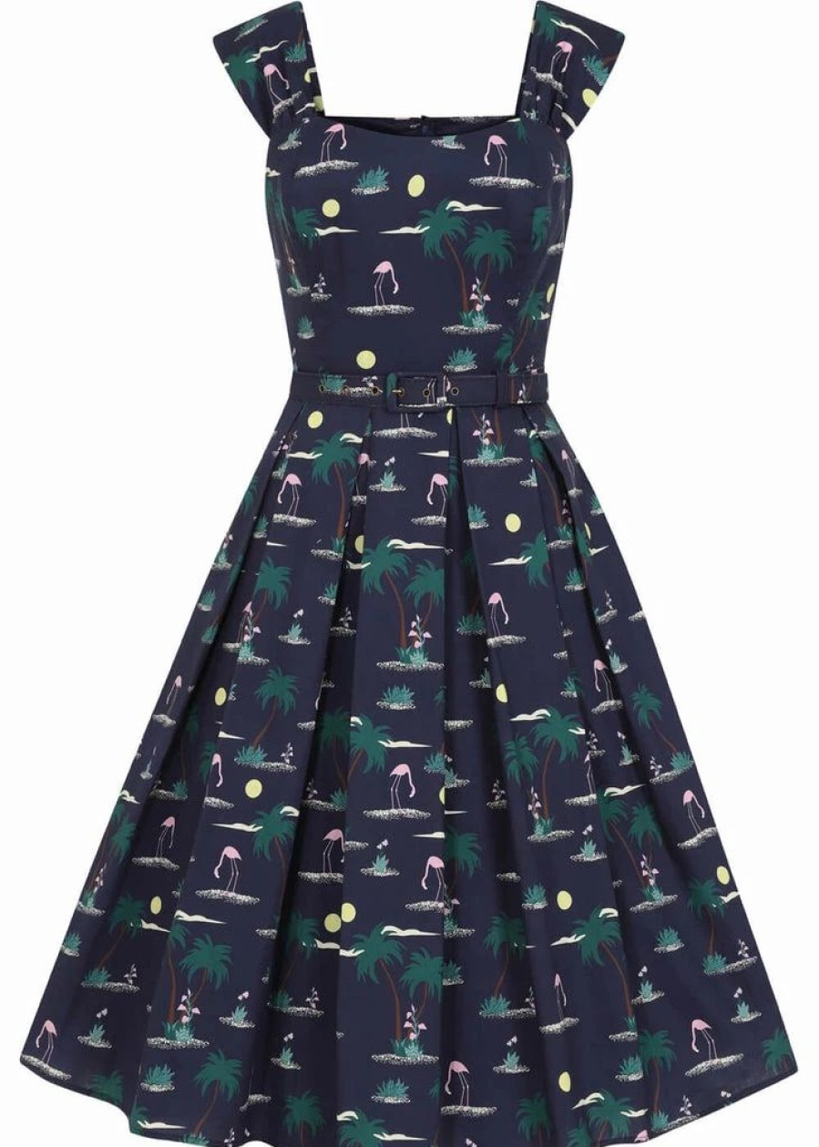 Dresses * | Collectif Jill Flamingo Palm 50'S Swing Dress Navy