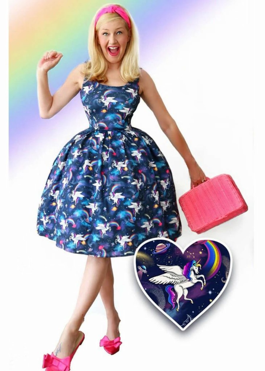 Dresses * | Dolly & Dotty Amanda Unicorn 50'S Swing Dress Navy