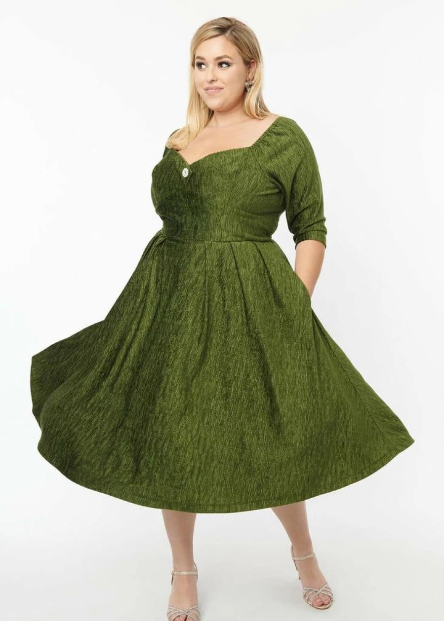 Dresses * | Unique Vintage Lamar Velvet 50'S Swing Dress Green