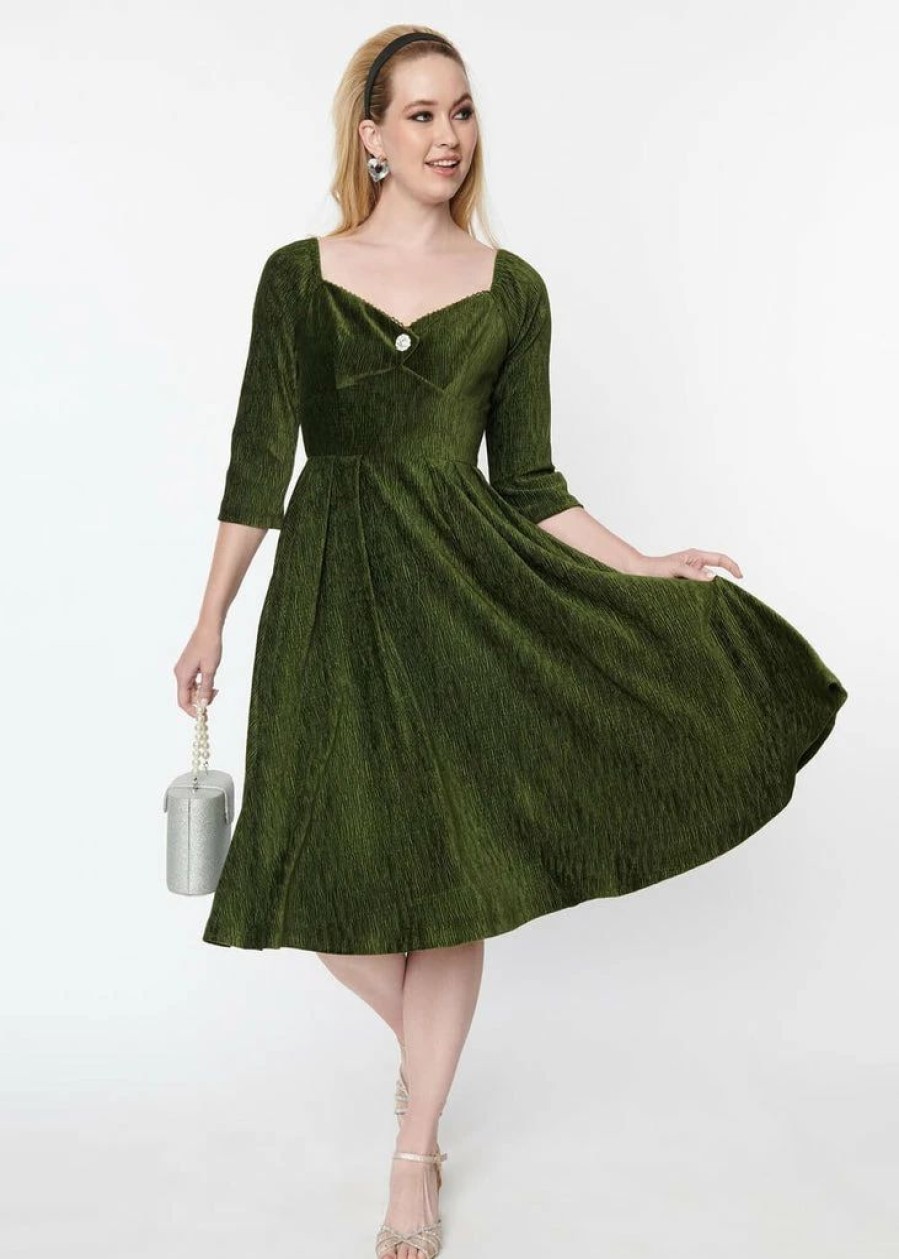 Dresses * | Unique Vintage Lamar Velvet 50'S Swing Dress Green