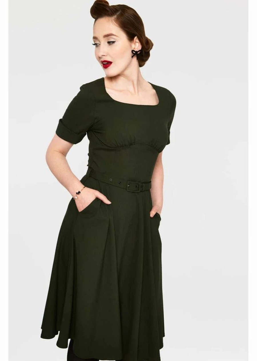 Dresses * | Voodoo Vixen Lucia 50'S Midi Swing Dress Olive Green