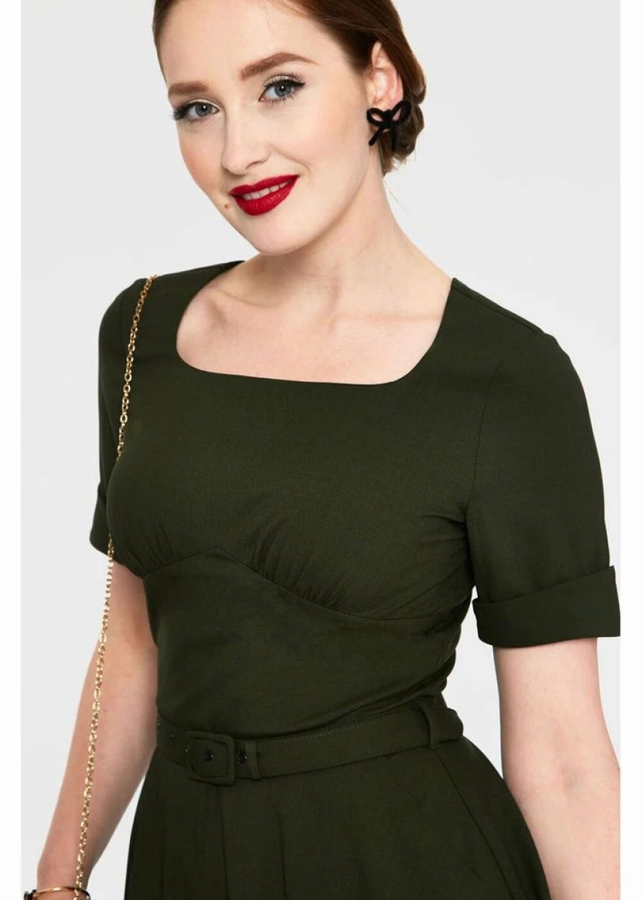 Dresses * | Voodoo Vixen Lucia 50'S Midi Swing Dress Olive Green