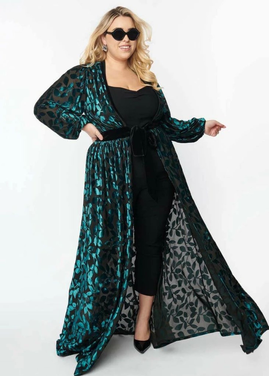 Dresses * | Unique Vintage Hollywood Leaf Devore Velvet 50'S Duster Emerald Green