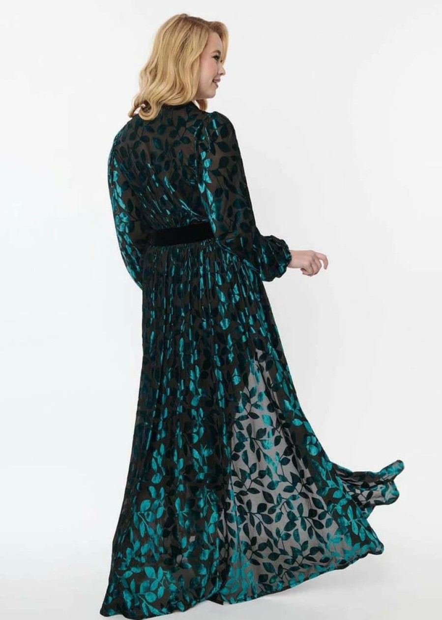 Dresses * | Unique Vintage Hollywood Leaf Devore Velvet 50'S Duster Emerald Green