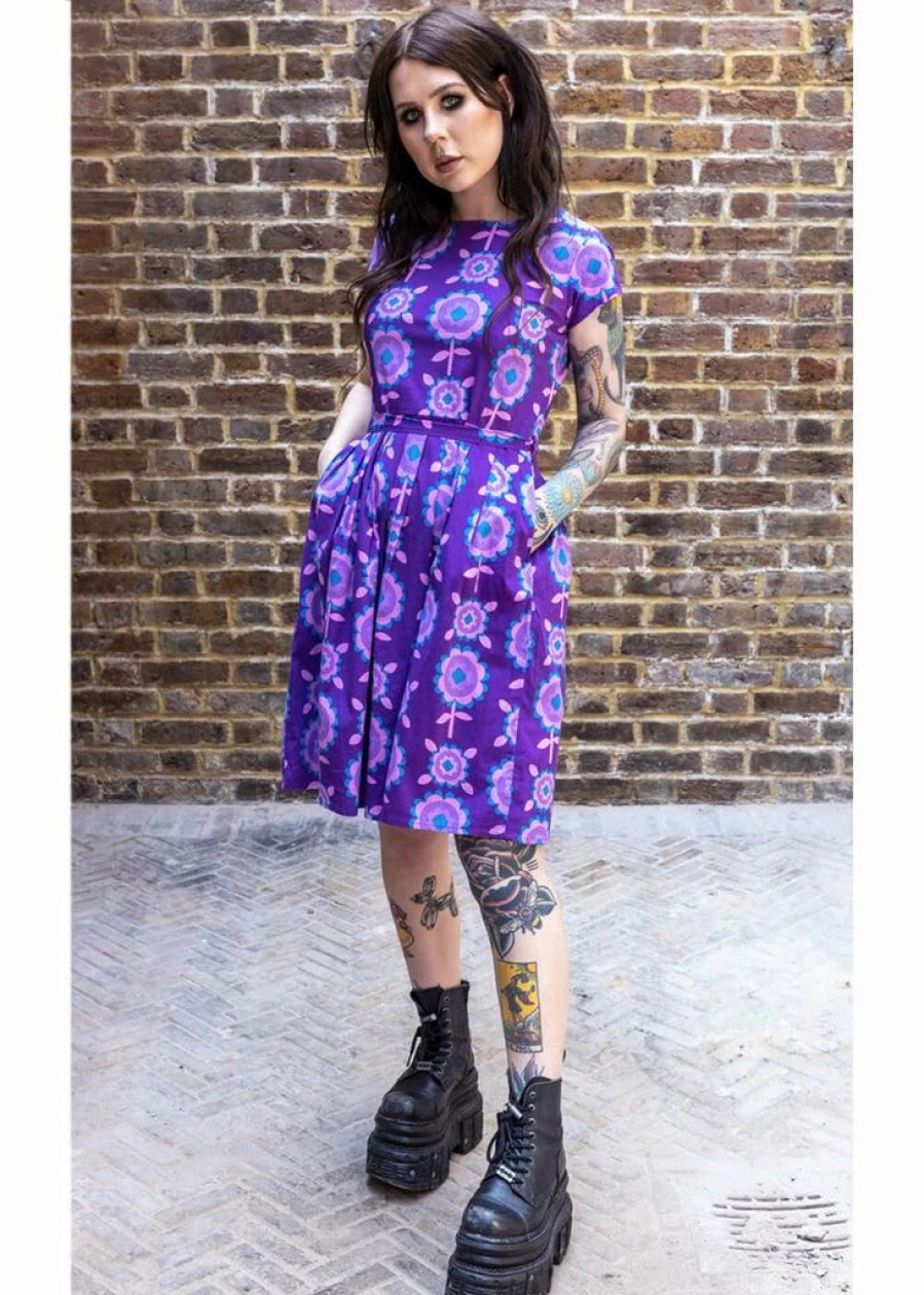 Dresses * | Run & Fly Retro Floral 70'S A-Line Dress Purple