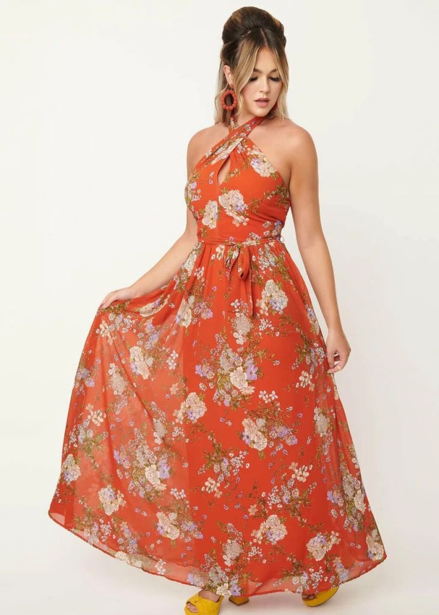 Dresses * | Unique Vintage Smak Parlour Budding Romance Floral 70'S Maxi Dress Orange