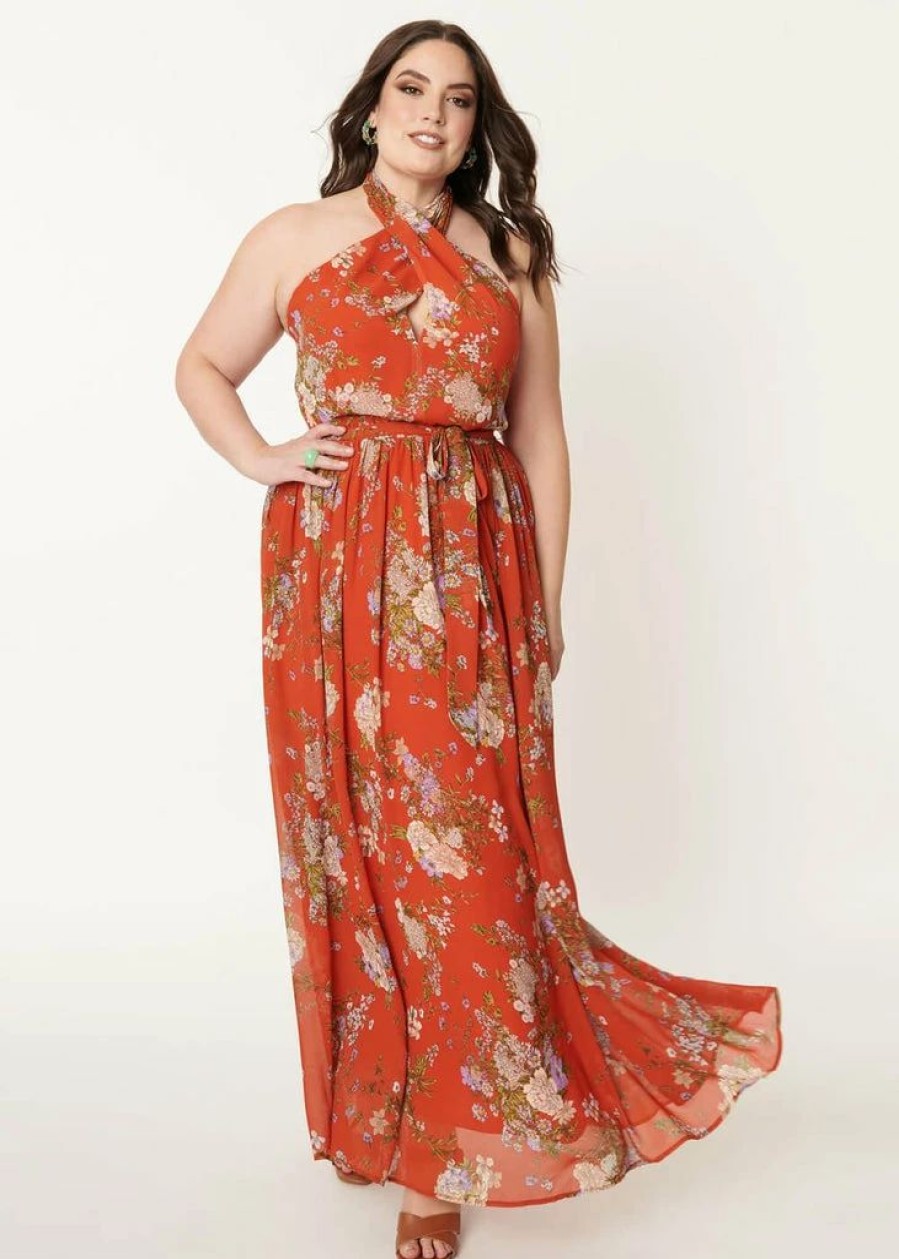 Dresses * | Unique Vintage Smak Parlour Budding Romance Floral 70'S Maxi Dress Orange