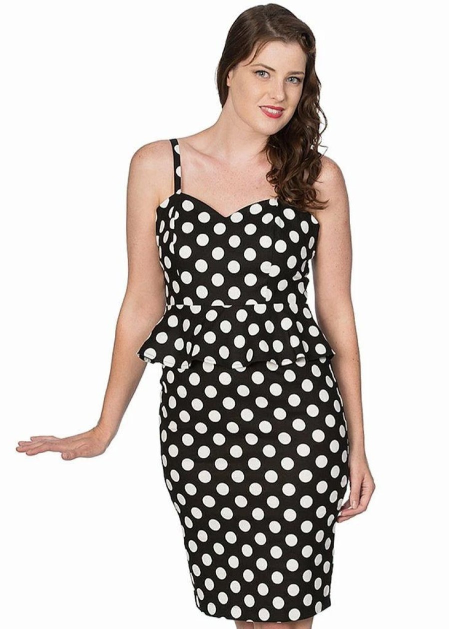 Dresses * | Banned Peplum Polkadot 50'S Pencil Dress Black