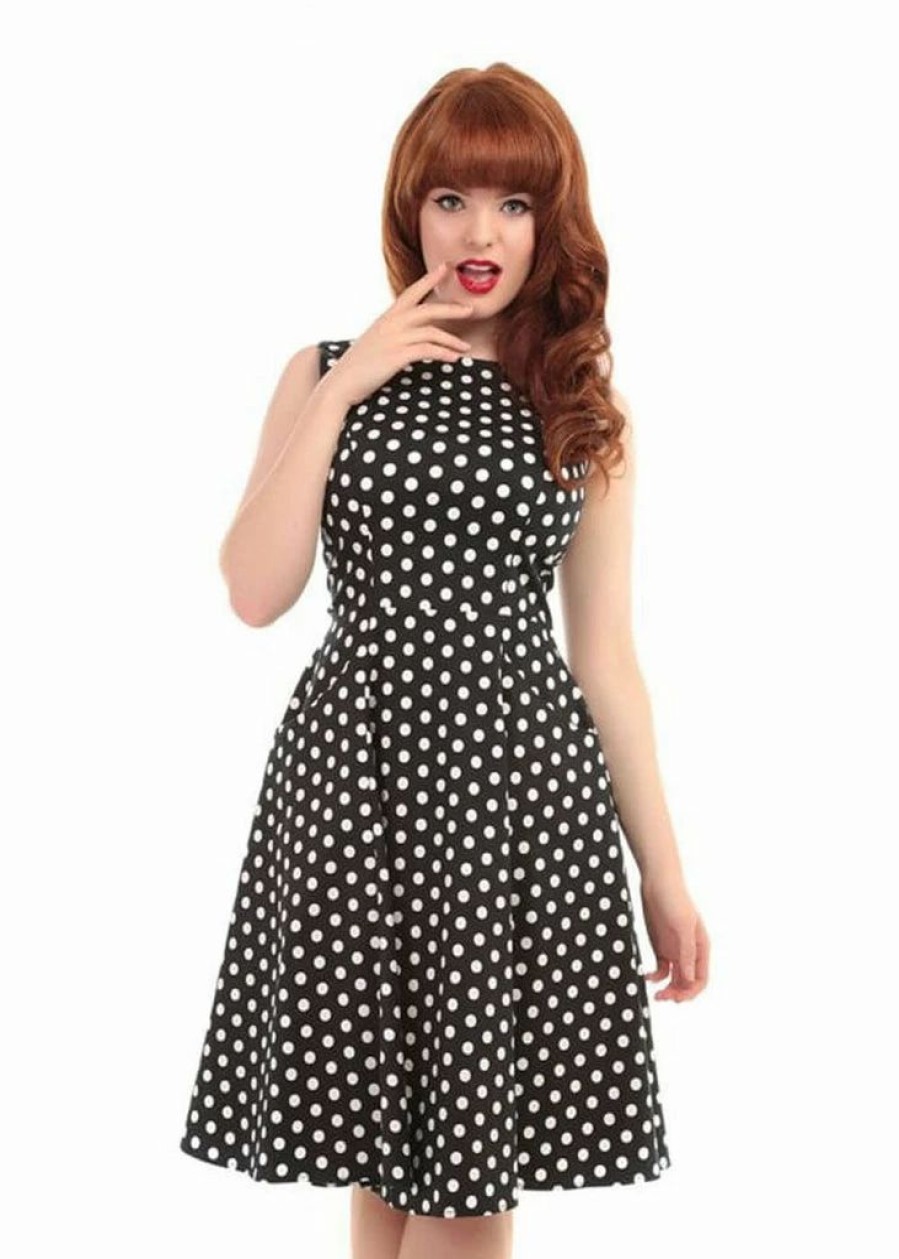 Dresses * | Collectif Hepburn Polkadot 50'S Swing Dress Black White