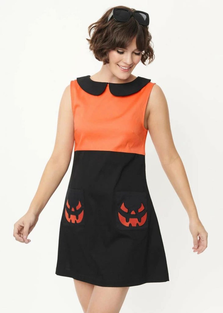 Dresses * | Unique Vintage Smak Parlour Pumpkin Power 60'S Mini Dress Black Orange