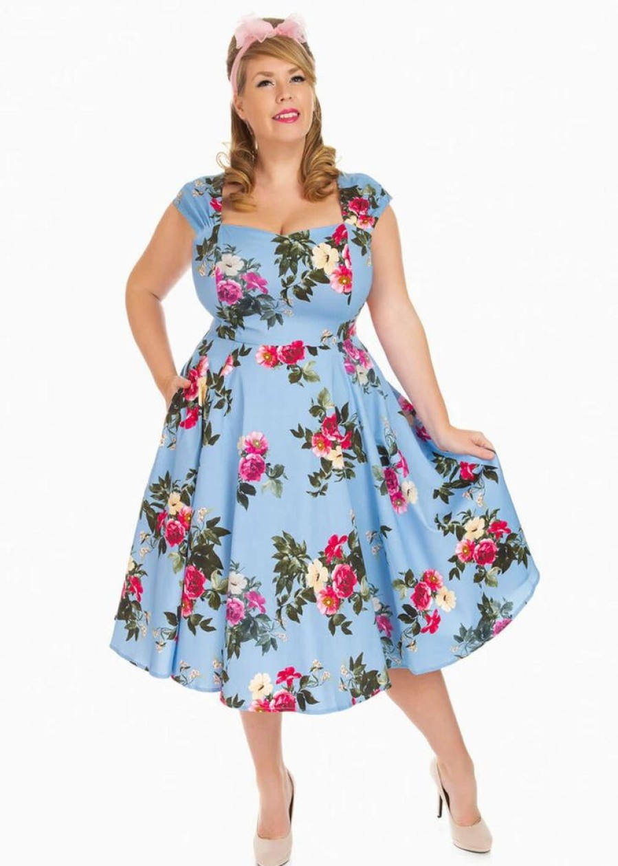 Dresses * | Hearts & Roses Jolene Floral 50'S Swing Dress Blue