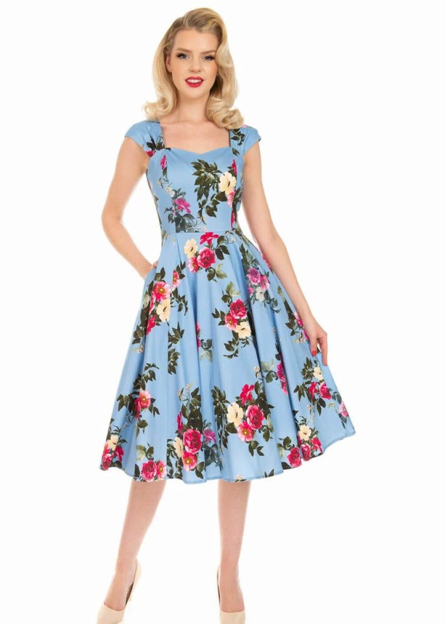 Dresses * | Hearts & Roses Jolene Floral 50'S Swing Dress Blue