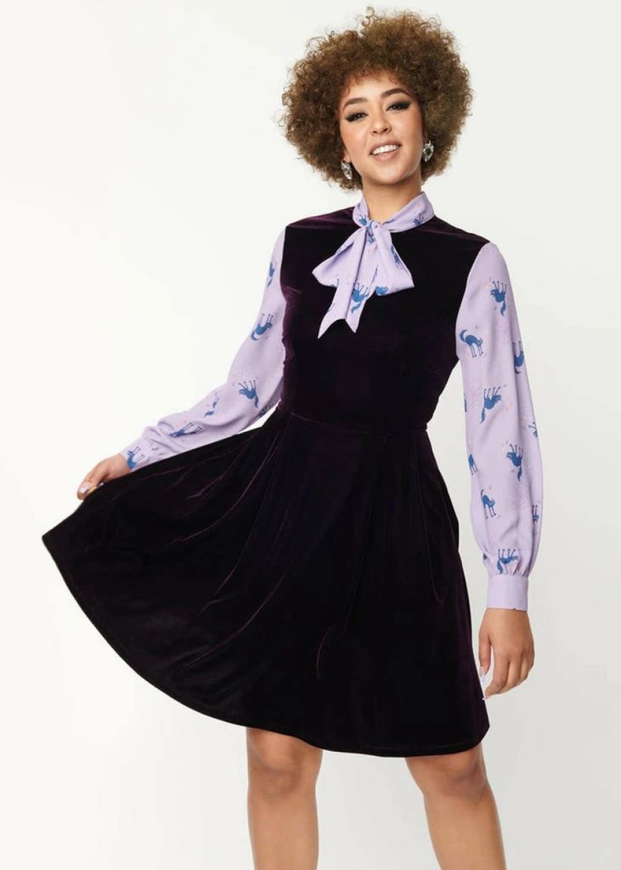 Dresses * | Unique Vintage Smak Parlour She.E.O. Scaredy Cat 60'S A-Line Dress Black Purple