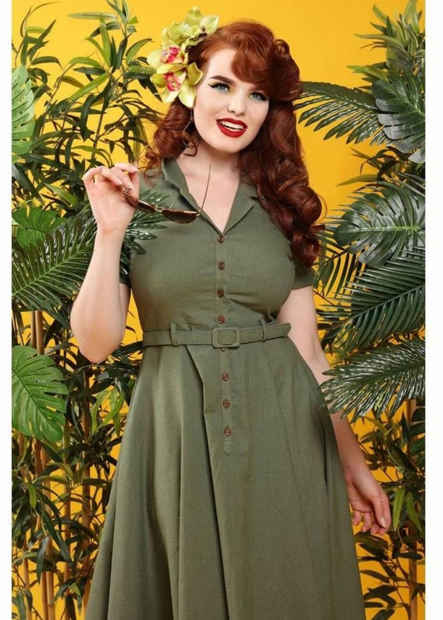 Dresses * | Collectif Caterina Vintage 40'S Swing Dress Olive