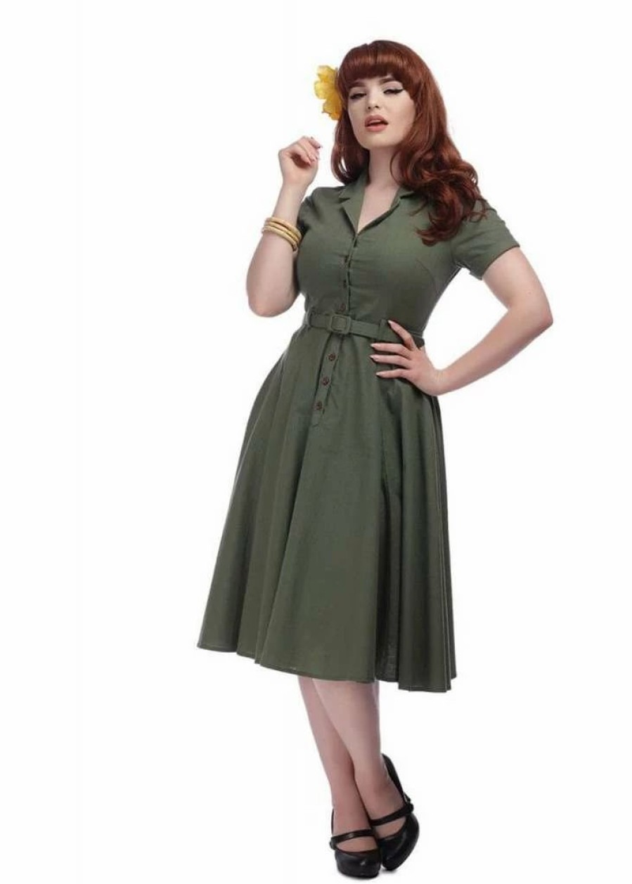 Dresses * | Collectif Caterina Vintage 40'S Swing Dress Olive