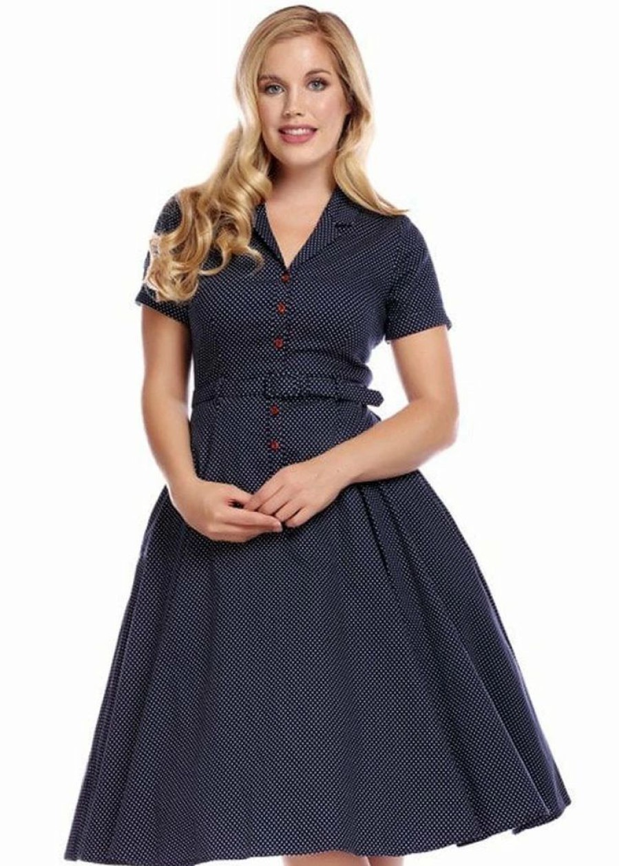 Dresses * | Collectif Caterina Polkadot 50'S Swing Dress Navy