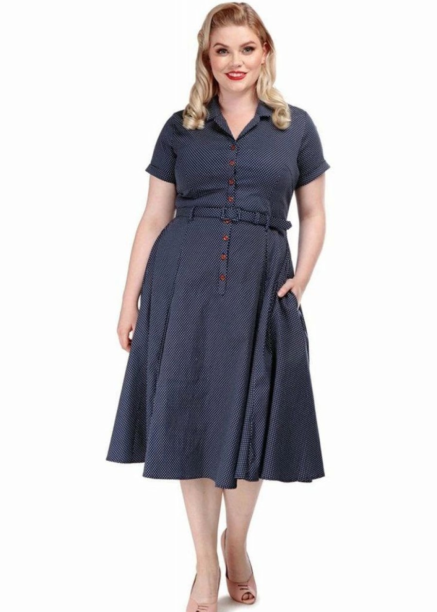 Dresses * | Collectif Caterina Polkadot 50'S Swing Dress Navy