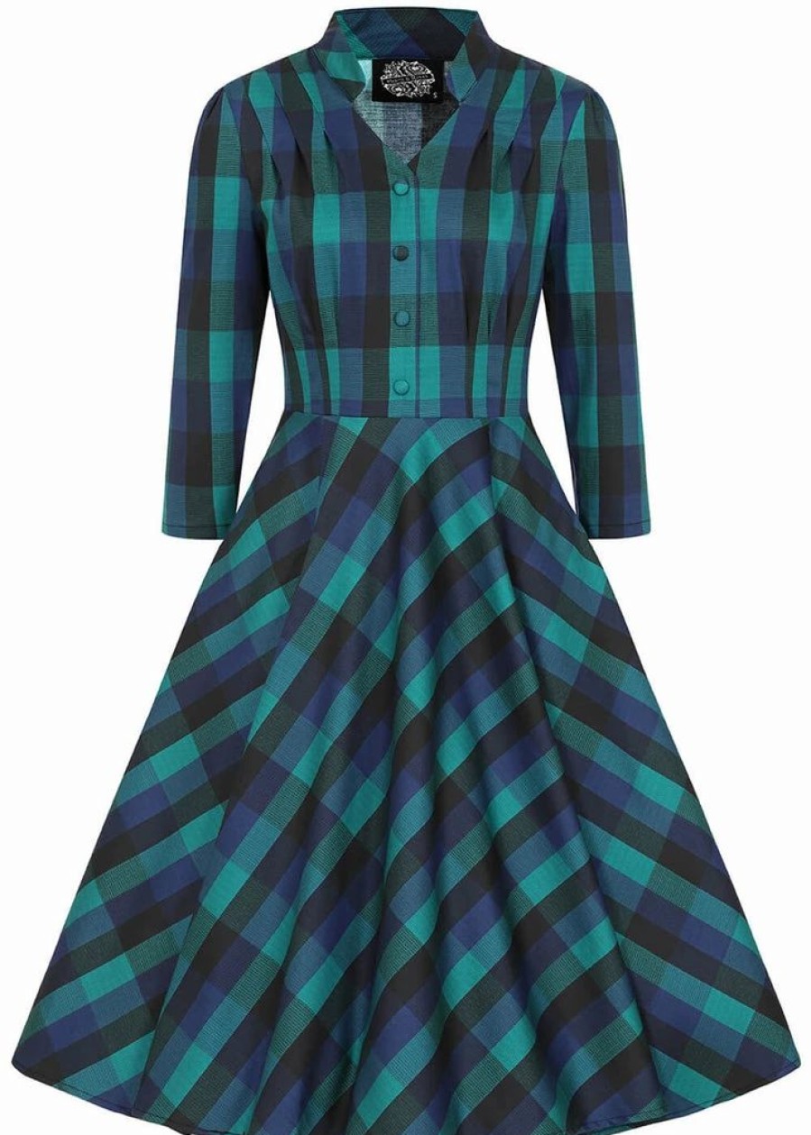 Dresses * | Hearts & Roses Louisa Check 50'S Swing Dress Navy