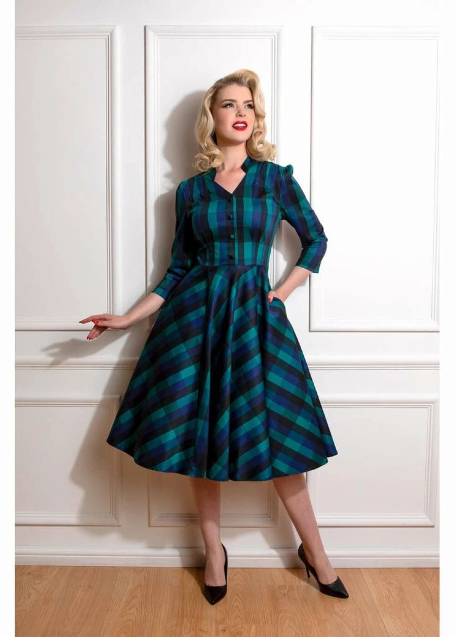 Dresses * | Hearts & Roses Louisa Check 50'S Swing Dress Navy