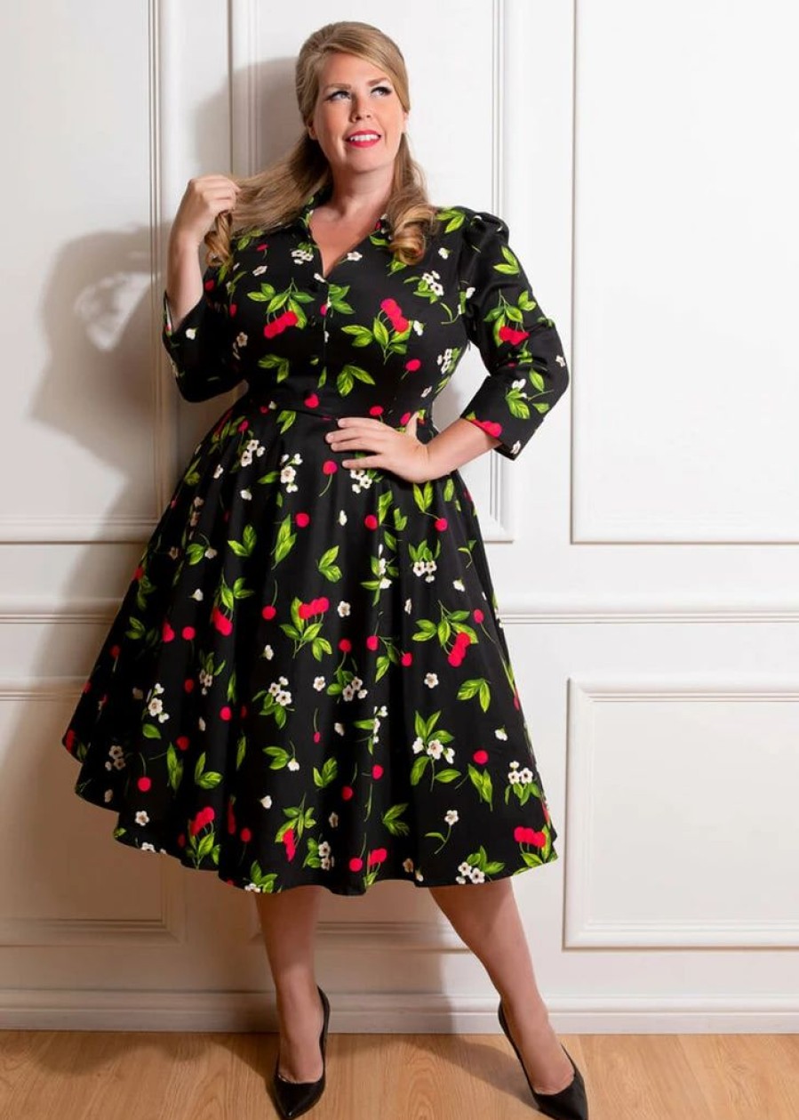 Dresses * | Hearts & Roses Natasha Cherry 50'S Swing Dress Black