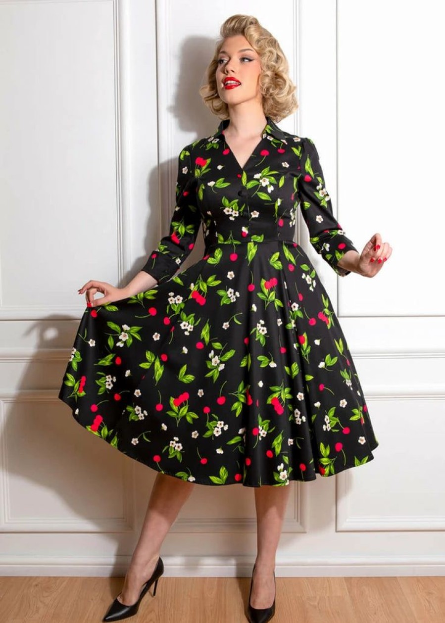 Dresses * | Hearts & Roses Natasha Cherry 50'S Swing Dress Black