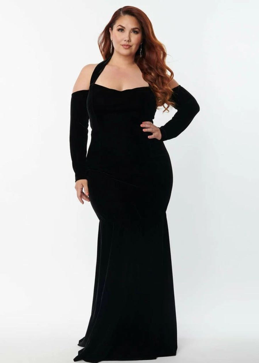 Dresses * | Unique Vintage Elvira Velvet Maxi Dress Black