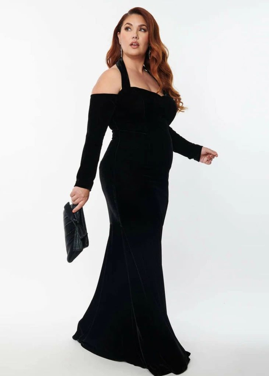 Dresses * | Unique Vintage Elvira Velvet Maxi Dress Black