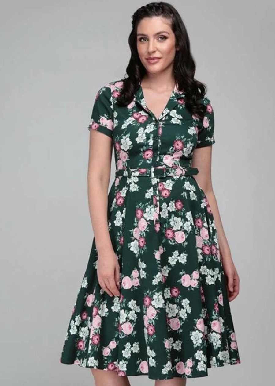 Dresses * | Collectif Caterina Vintage Bloom 40'S Swing Dress Green