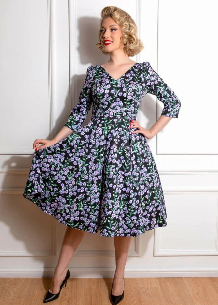 Dresses * | Hearts & Roses Aoife Floral 50'S Swing Dress Black