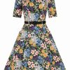 Dresses * | Collectif Winona Forest Floral Raccoon 50'S Swing Dress Multi