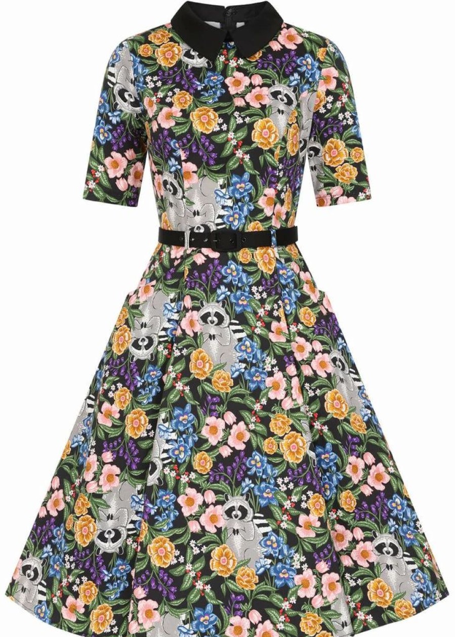 Dresses * | Collectif Winona Forest Floral Raccoon 50'S Swing Dress Multi