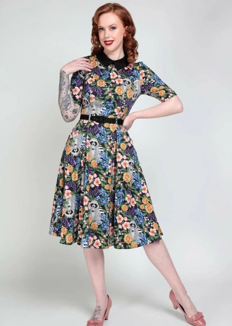 Dresses * | Collectif Winona Forest Floral Raccoon 50'S Swing Dress Multi