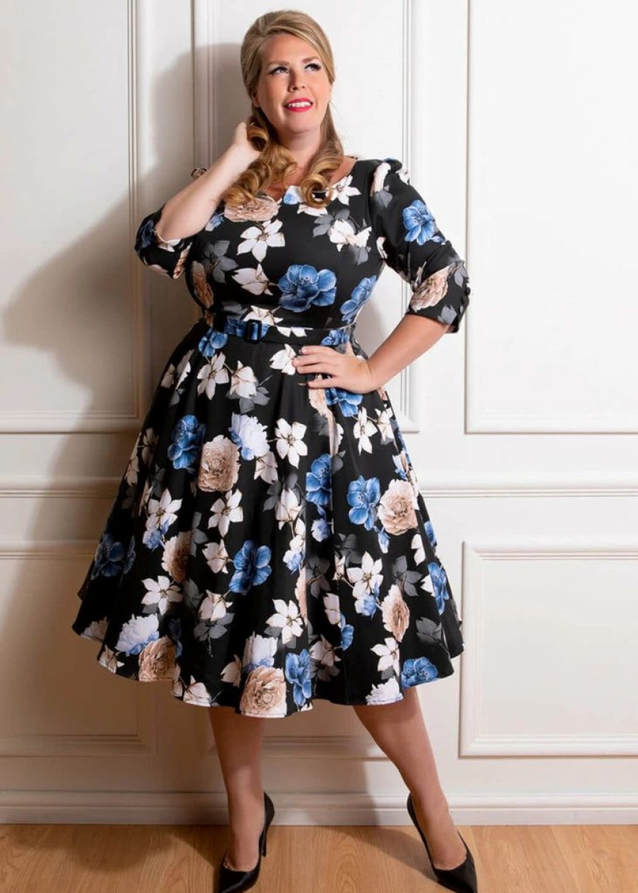 Dresses * | Hearts & Roses Zoe Floral 50'S Swing Dress Black