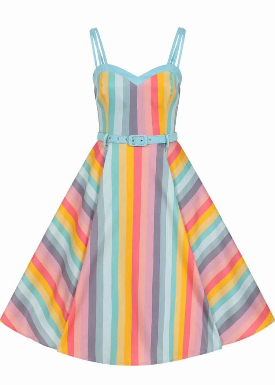 Dresses * | Collectif Nova Dreamy Rainbow Stripe 50'S Swing Dress Multi