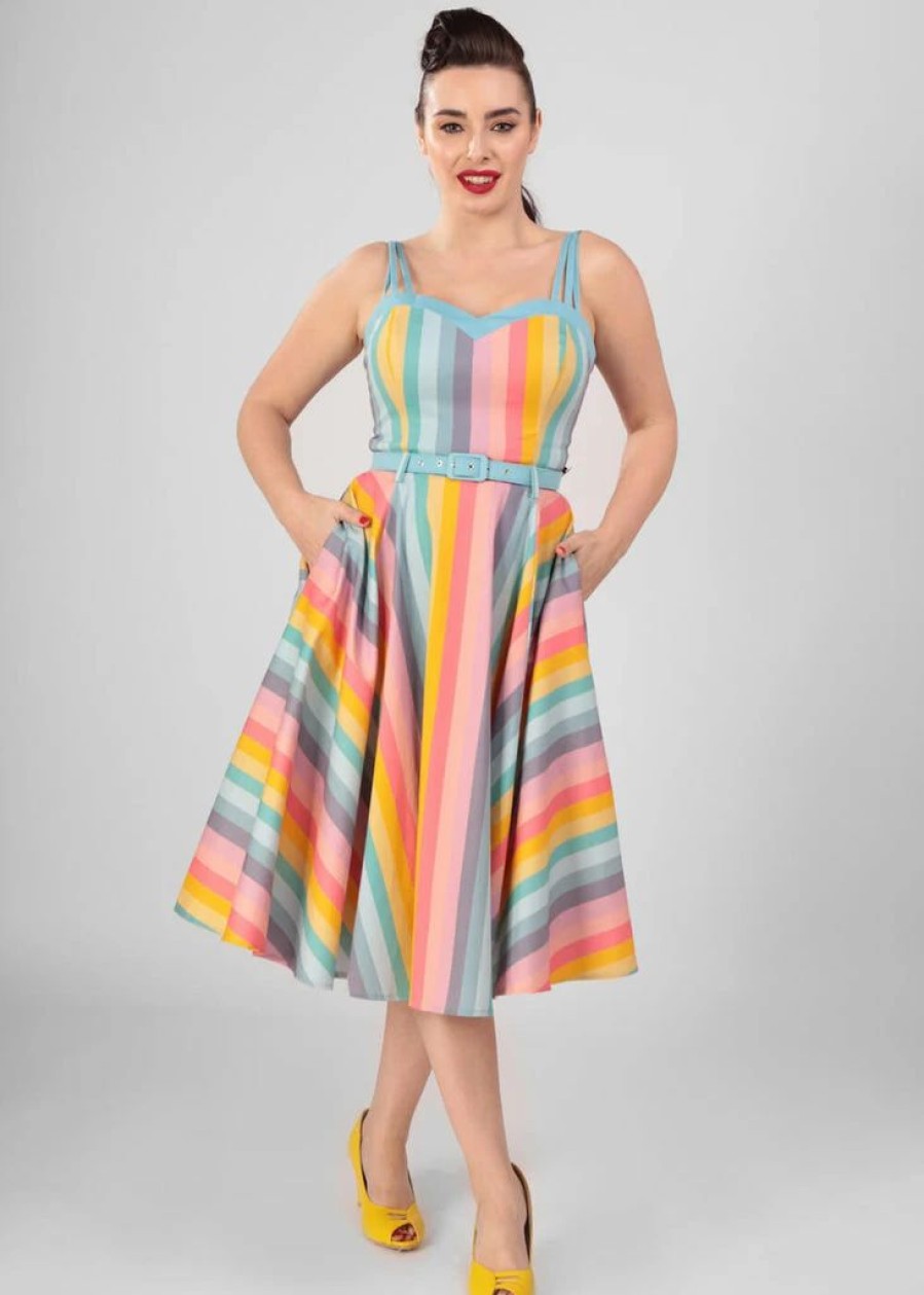 Dresses * | Collectif Nova Dreamy Rainbow Stripe 50'S Swing Dress Multi