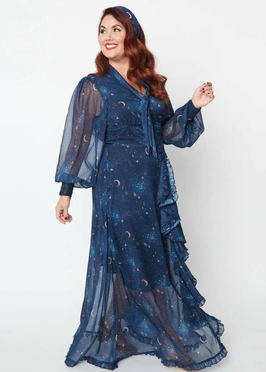 Dresses * | Unique Vintage Galaxy 70'S Maxi Dress Navy Gold