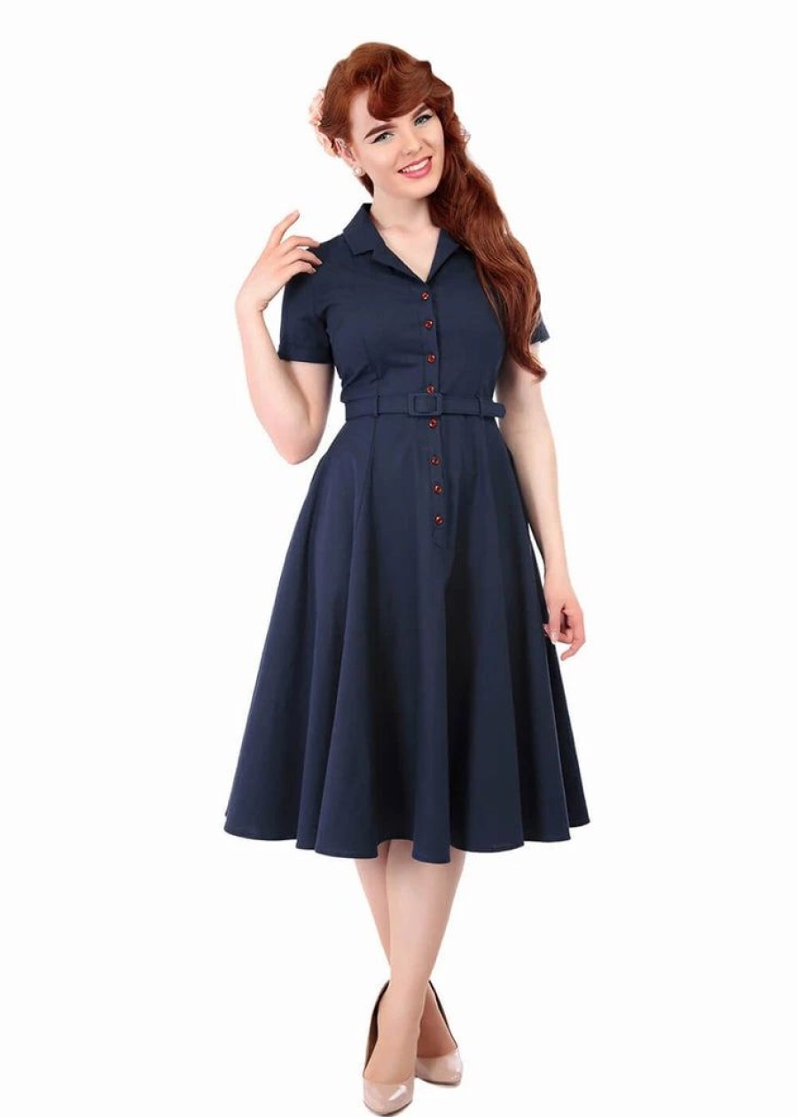 Dresses * | Collectif Caterina Vintage 40'S Swing Dress Navy