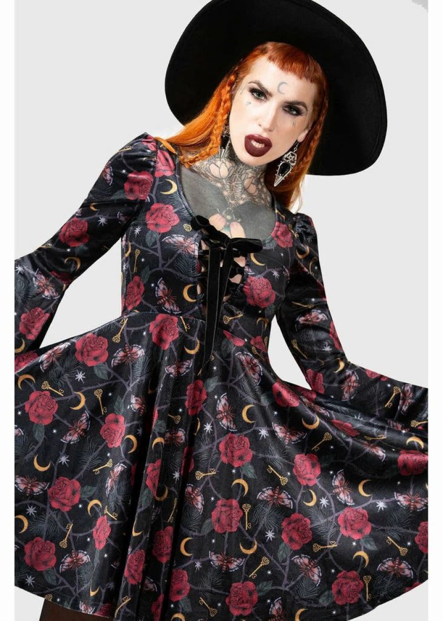 Dresses * | Killstar Fabuline Moth Velvet 60'S Dress Black