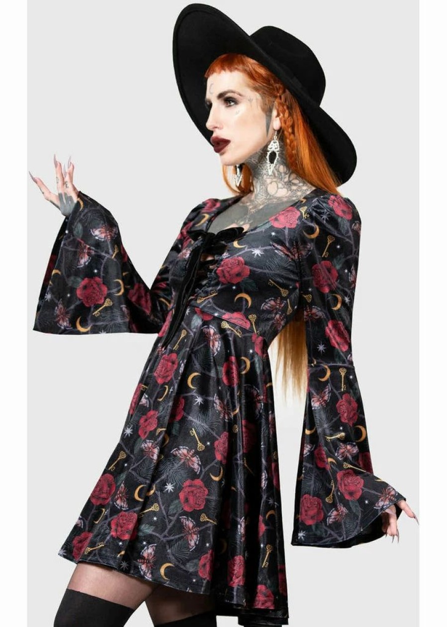 Dresses * | Killstar Fabuline Moth Velvet 60'S Dress Black