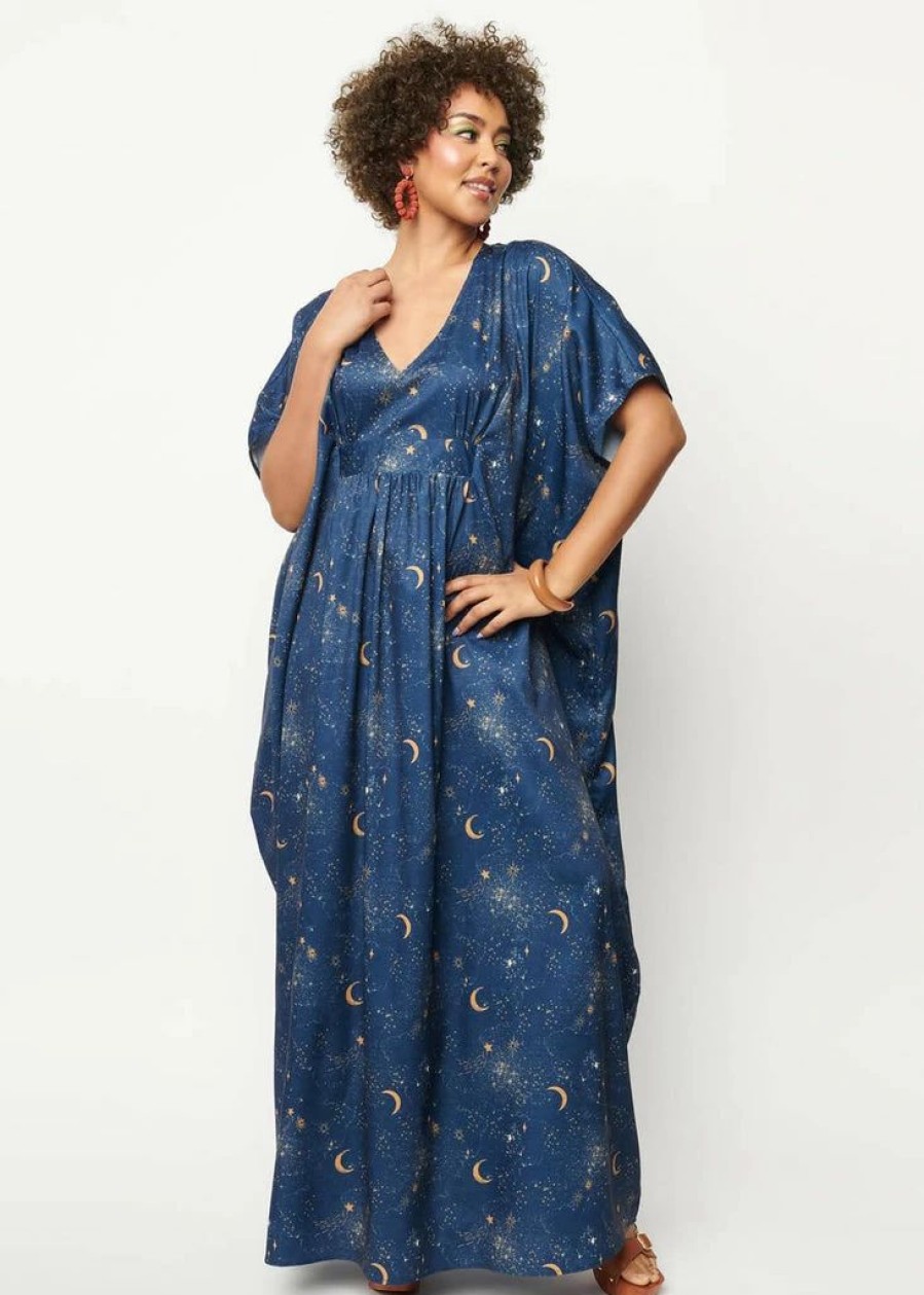 Dresses * | Unique Vintage Burton Golden Galaxy Kaftan Maxi Dress Blue