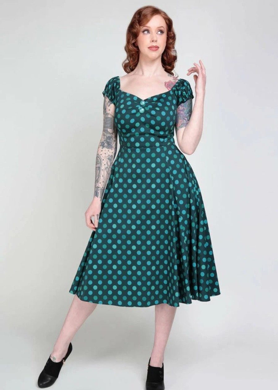 Dresses * | Collectif Dolores Jewel Polka 50'S Swing Dress Green