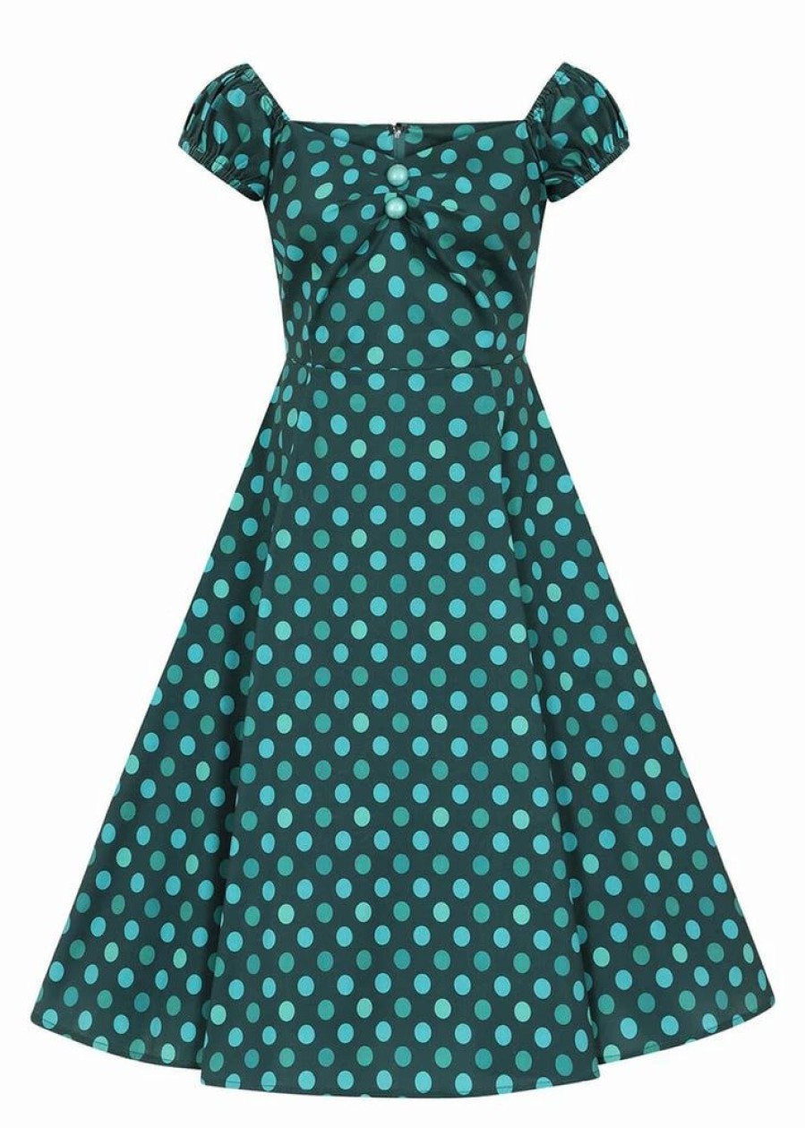 Dresses * | Collectif Dolores Jewel Polka 50'S Swing Dress Green